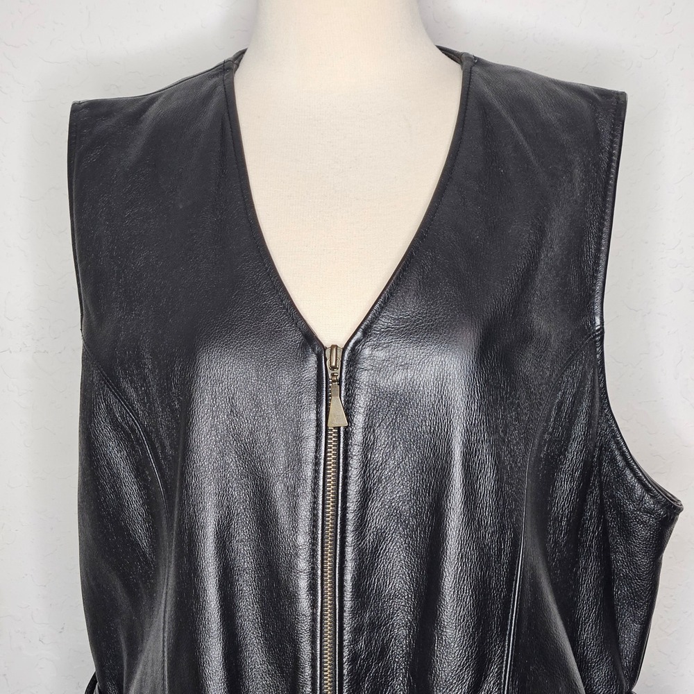 J.L. Colebrook Black Genuine Leather Belted Long Vest 2X Plus Size Vintage 90s - Picture 2 of 11
